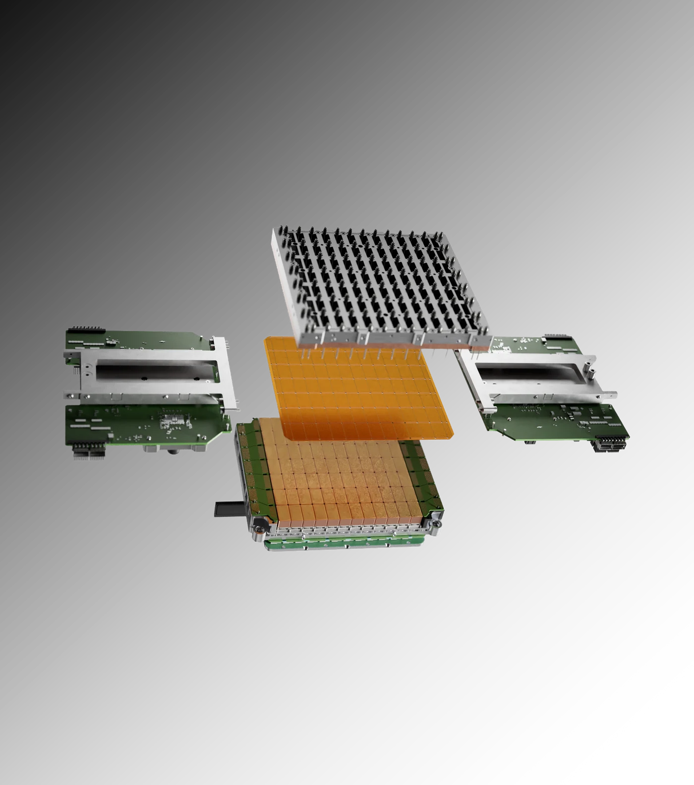 Exploded view of a Cerebras Wafer-Scale Backpack: cold plate, wafer, I/O boards, and power module sub-assembly