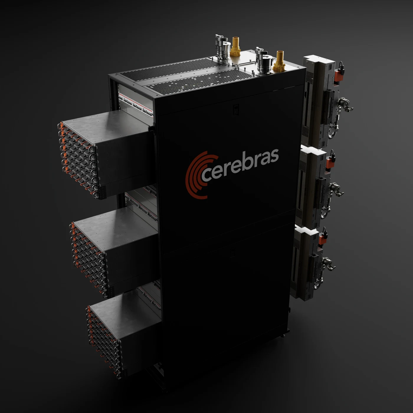 The Cerebras CS-4 in dark studio light — a tall black rack with three Wafer-Scale Backpacks and cooling connections