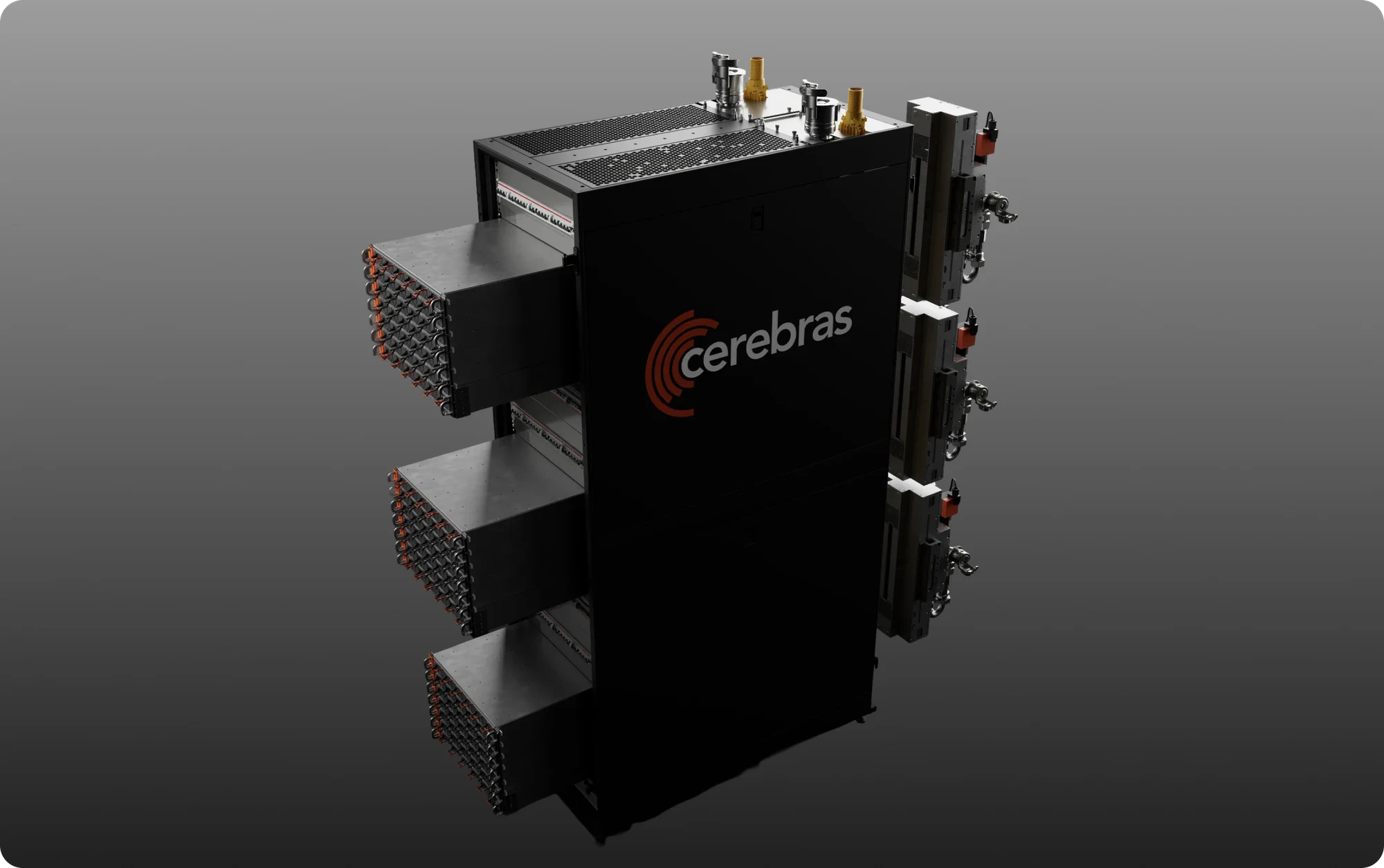 The Cerebras CS-4 rack — a black cabinet with the Cerebras logo, three Wafer-Scale Backpacks mounted on one side and the power and I/O spine on the other
